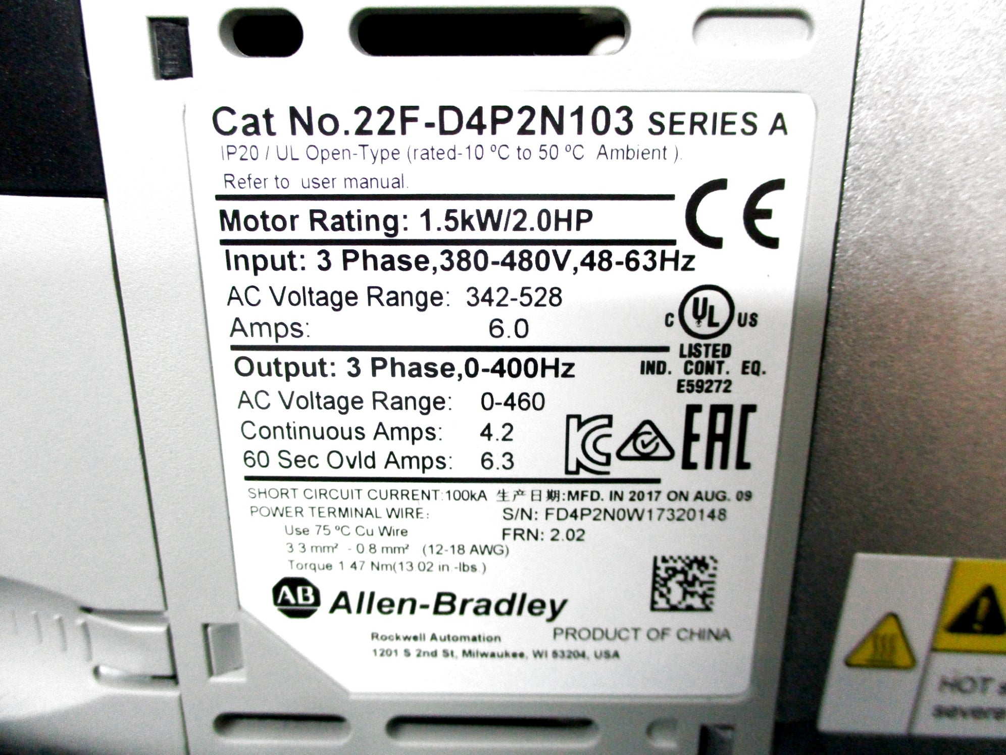 INDUSTRIAL SPARE PART 22F-D4P2N103 SER. A F/W 2.02 342-528VAC 6.0A NSMP