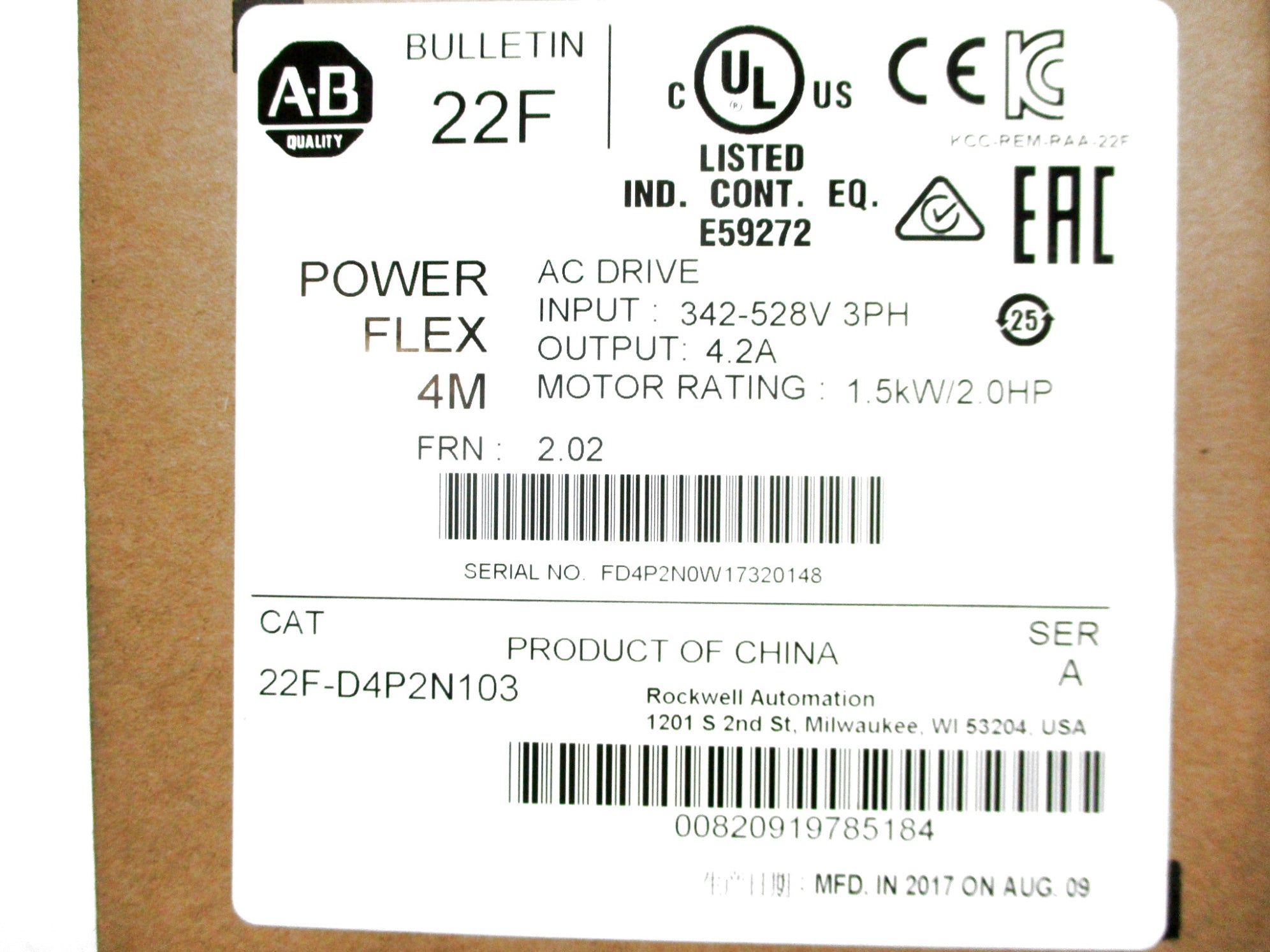 INDUSTRIAL SPARE PART 22F-D4P2N103 SER. A F/W 2.02 342-528VAC 6.0A NSMP