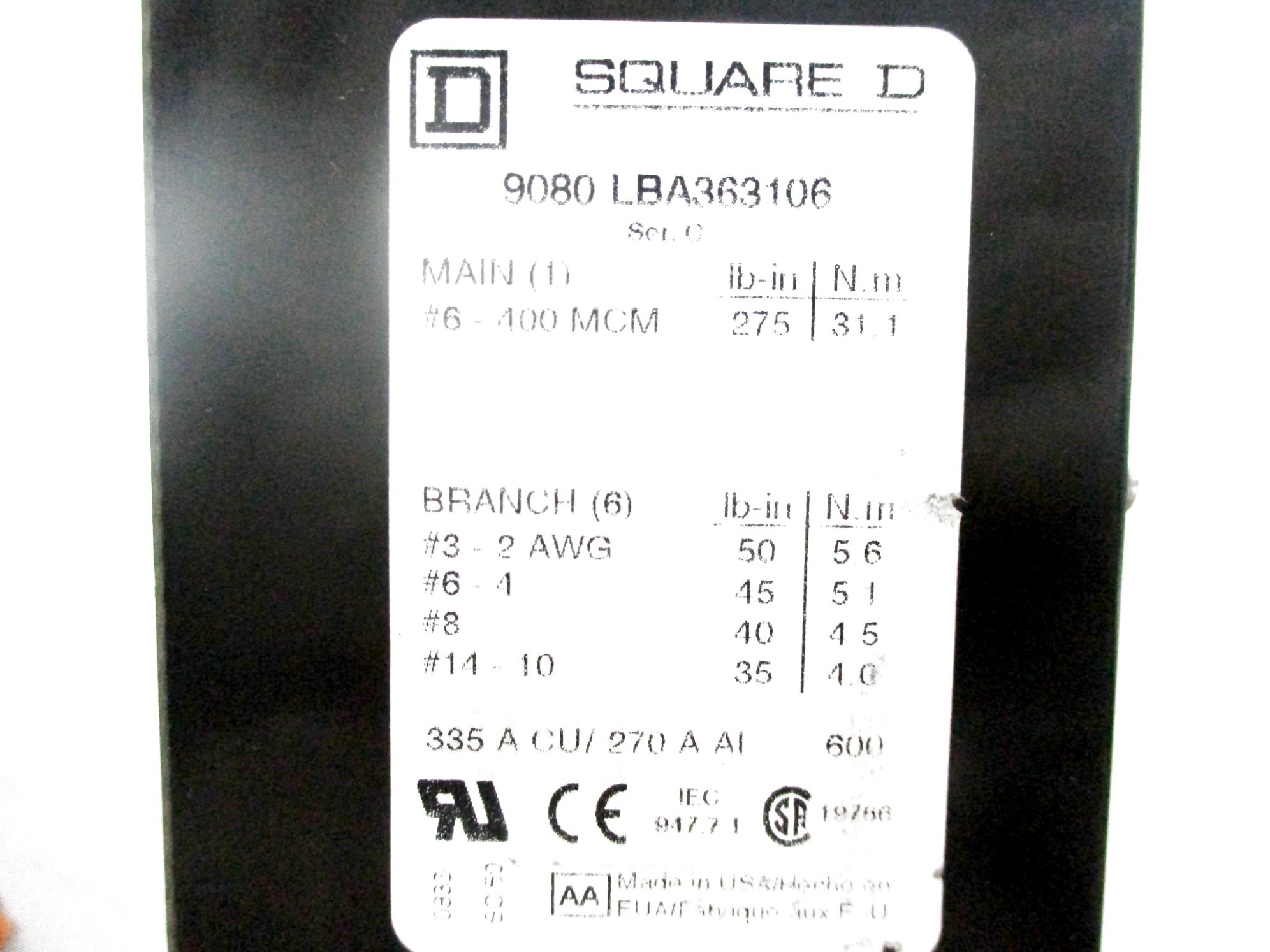 SQUARE D 9080LBA363106 SER. C UNMP