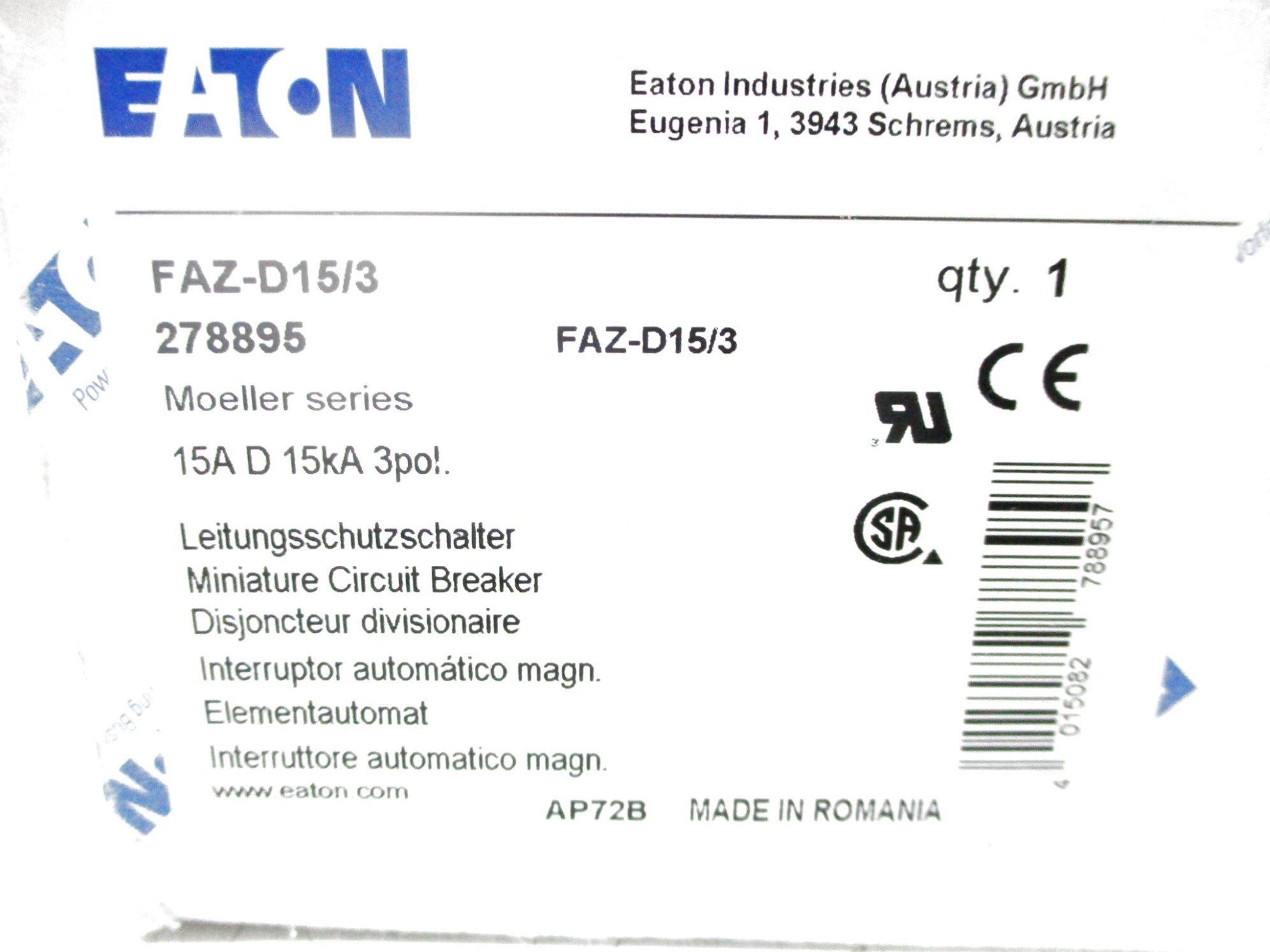 EATON FAZ-D15/3 277VAC 15A NSMP