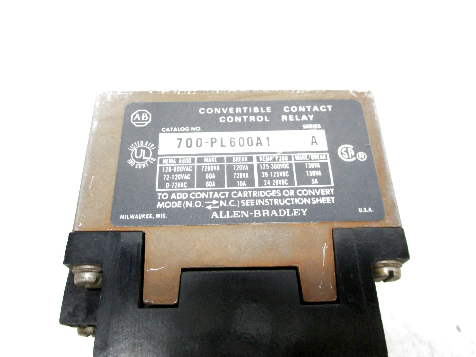 ALLEN BRADLEY 700-PL600A1 SER. A 120V (AS PICTURED) UNMP