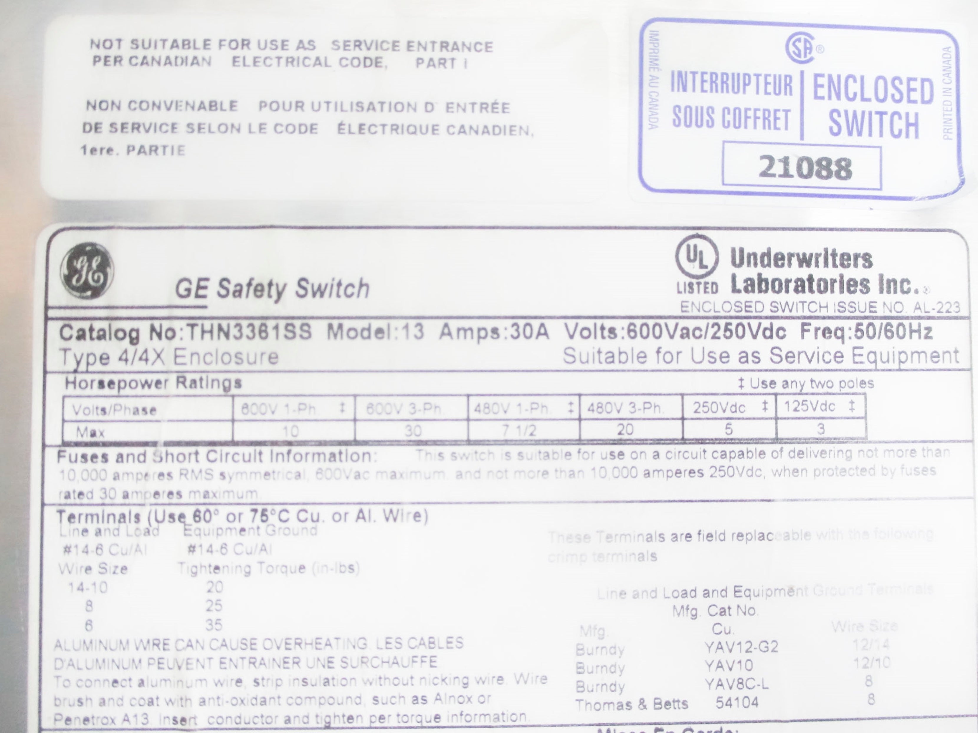GENERAL ELECTRIC THN3361SS 30A 600VAC UNMP