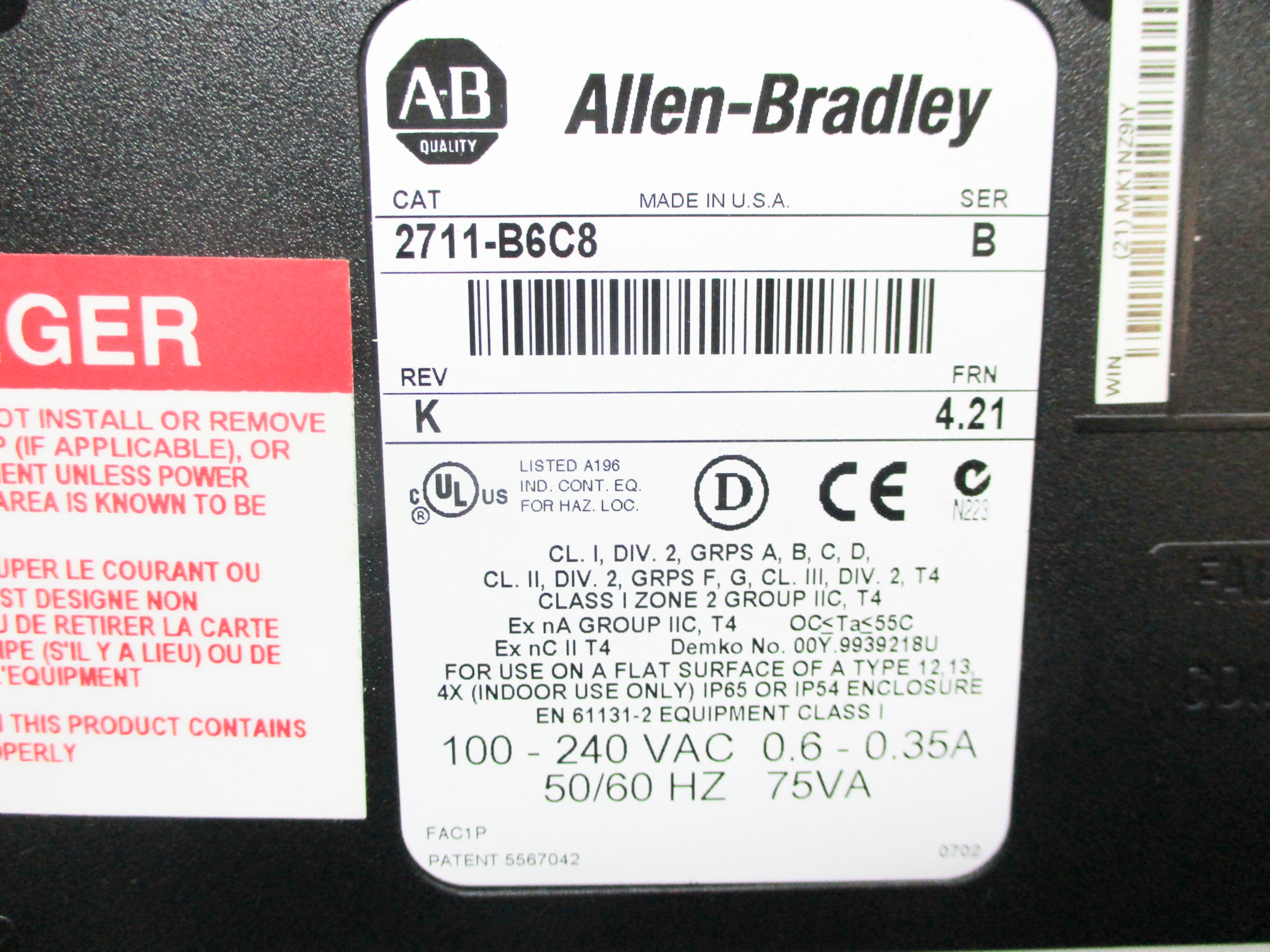 ALLEN BRADLEY 2711-B6C8 SER. B F/W: 4.21 (BR/WH) UNMP