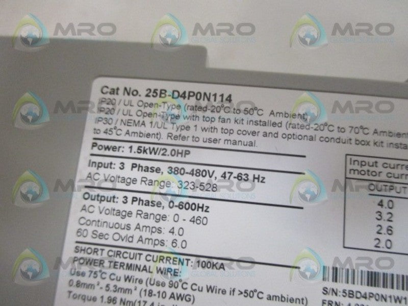 ALLEN BRADLEY POWERFLEX525 25B-D4P0N114 SER. A F/W 4.001 AC DRIVE *NEW IN BOX*