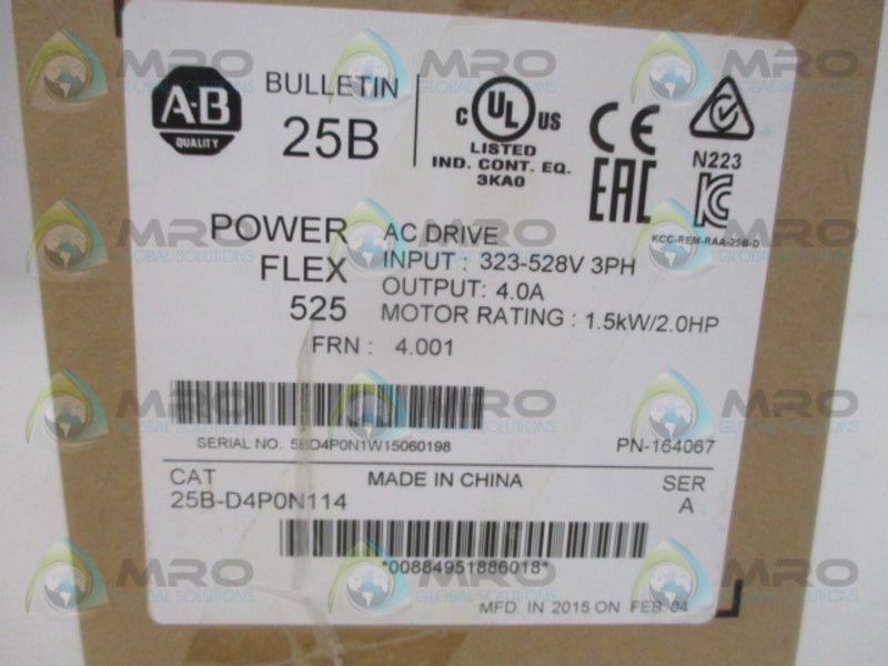 ALLEN BRADLEY POWERFLEX525 25B-D4P0N114 SER. A F/W 4.001 AC DRIVE *NEW IN BOX*