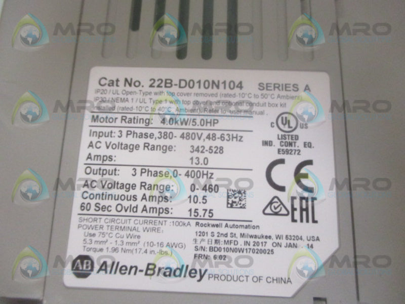 ALLEN BRADLEY POWERFLEX 40 22B-D010N104 SER. A F/W 6.02 AC DRIVE *NEW IN BOX*