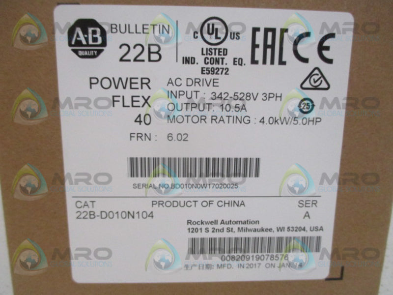 ALLEN BRADLEY POWERFLEX 40 22B-D010N104 SER. A F/W 6.02 AC DRIVE *NEW IN BOX*