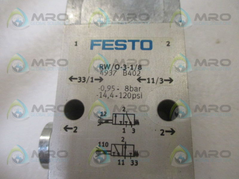FESTO RW/O-3-1/8 ROLLER LEVER VALVE *USED*