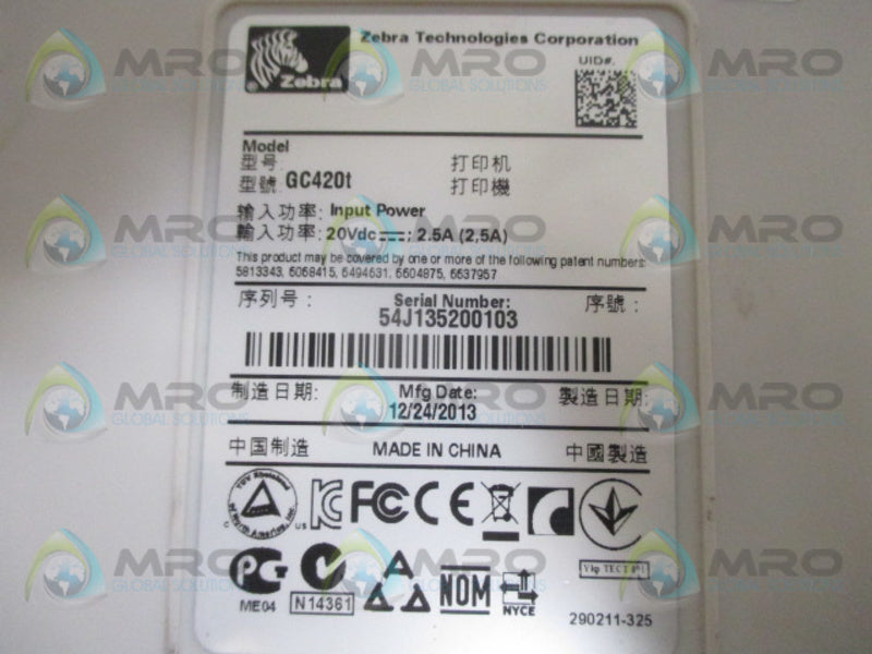 ZEBRA GC420T THERMAL LABEL BARCODE SHIPPING PRINTER *USED*