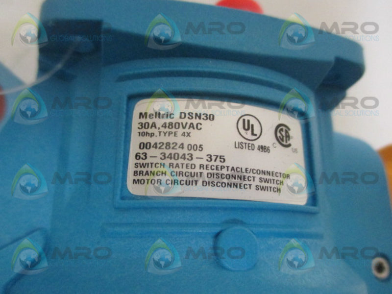 MELTRIC DSN30 63-34043-375 RECEPTACLE 30A 480VAC *NEW NO BOX*