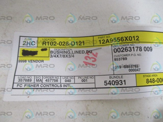 FISHER 12A9556X012 LINED BUSHING *NEW NO BOX*