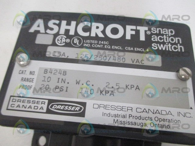 ASHCROFT B424B PRESSURE SWITCH 10" W.C 20PSI *NEW NO BOX*