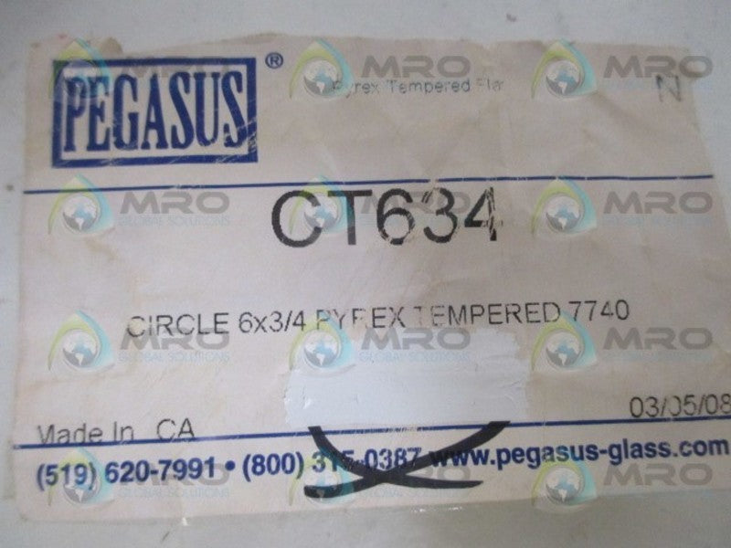 PEGASUS CT634 PYREX TEMPERED GLASS FLAT CIRCLE 6" X 3/8" *NEW NO BOX*