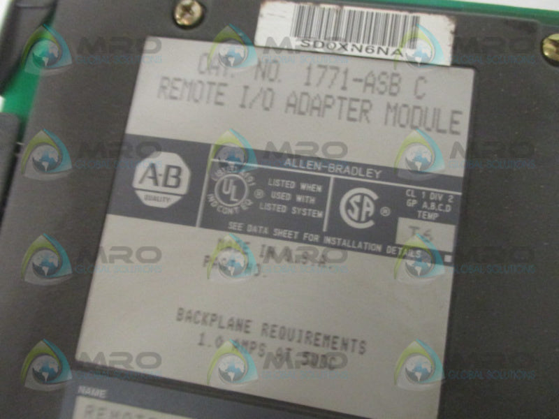 ALLEN BRADLEY 1771-ASB SER. C REMOTE I/O ADAPTER MODULE *USED*