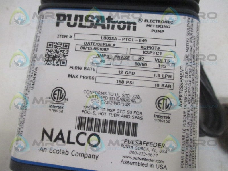 NALCO PULSTRON LB03SA-P1C1PE49 ELECTRONIC METERING PUMP 115V *NEW NO BOX*
