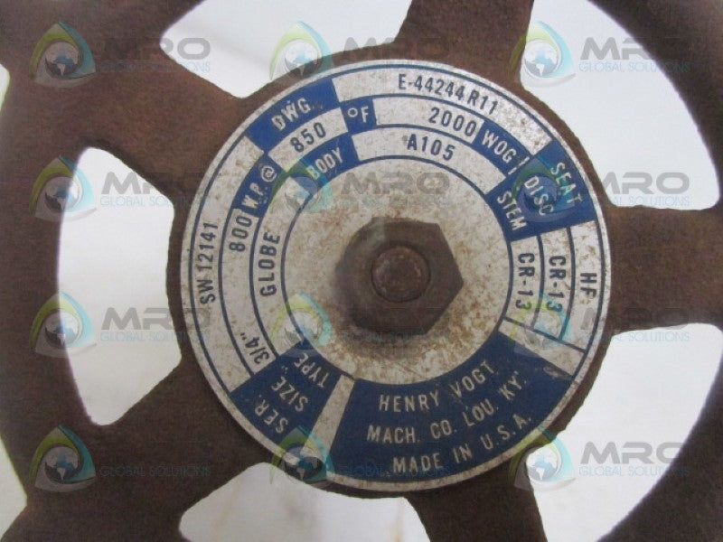 HENRY VOGT MACHINE SW12141 GLOBE VALVE 3/4" 200PSI *USED*