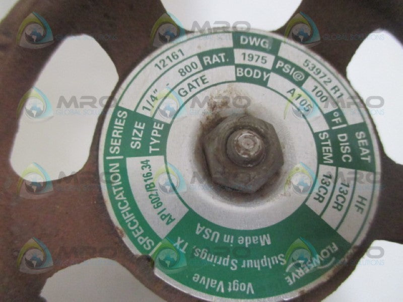 VOGT VALVE 12161 GATE VALVE 1/4" 100PSI *NEW NO BOX*