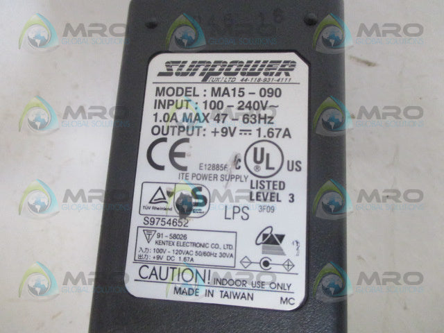 SUNPOWER MA15-090 AC ADAPTER POWER SUPPLY 100-240V *USED*