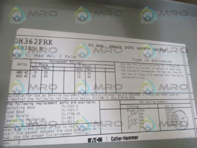 CUTLER HAMMER DH362FRK SAFETY SWITCH 60A *USED*