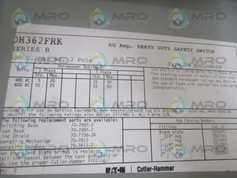 CUTLER HAMMER DH362FRK SAFETY SWITCH 60A *USED*