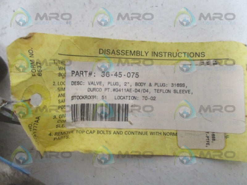 DURACO G411AE-D4/D4 PLUG VALVE 2" (AS PICTURED) NSNP