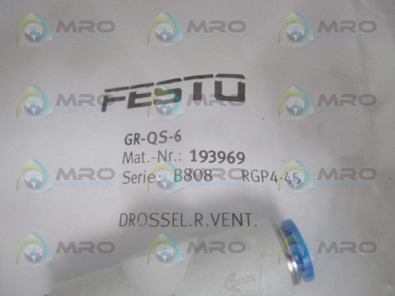 FESTO GR-QS-6 ONE WAY FLOW CONTROL VALVE 193969 *NEW IN FACTORY BAG*