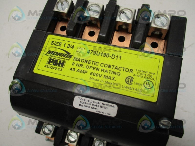 P&H MORRIS 479U190D11 MAGNETIC CONTACTOR 40A 120/240V SIZE 1-3/4" *NEW NO BOX*