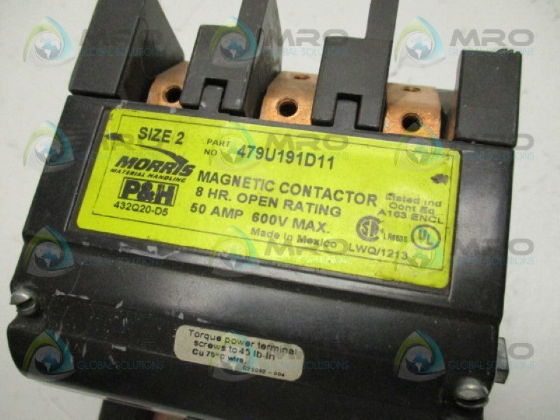 P&H MORRIS 479U191D11 MAGNETIC CONTACTOR 50A 120/240V SIZE 2 *USED*