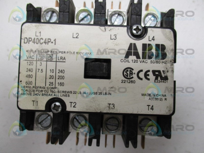 ABB DP40C4P-1 DEFINITE PURPOSE CONTACTOR 120VAC *USED*