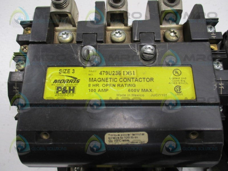 P&H MORRIS 479U236D61 MAGNETIC CONTACTOR 100A SIZE 3 (AS PICTURED) *USED*