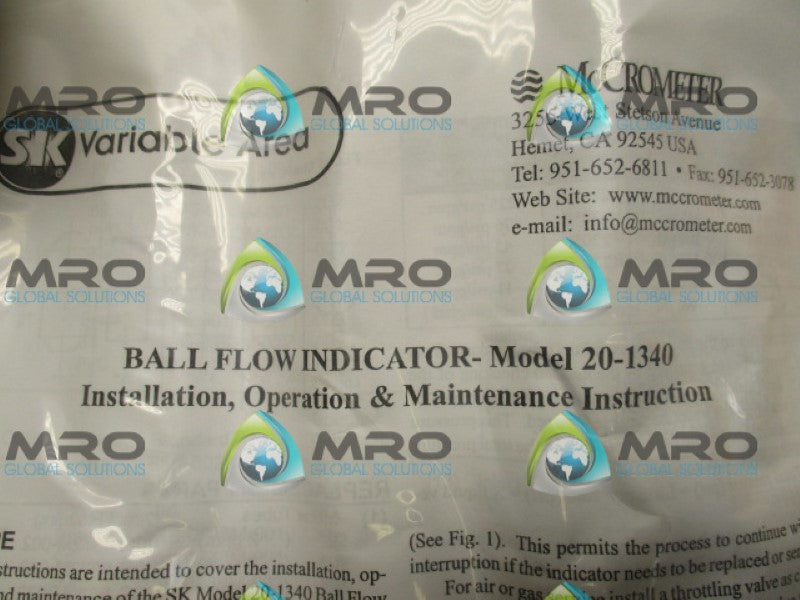 MCCROMETER 20-1340 BALL FLOW INICATOR *NEW NO BOX*