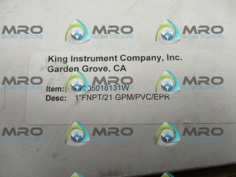 KING INSTRUMENT 7205018131W 1"FNPT/21 GPM/PVC/EPR  *NEW IN BOX*