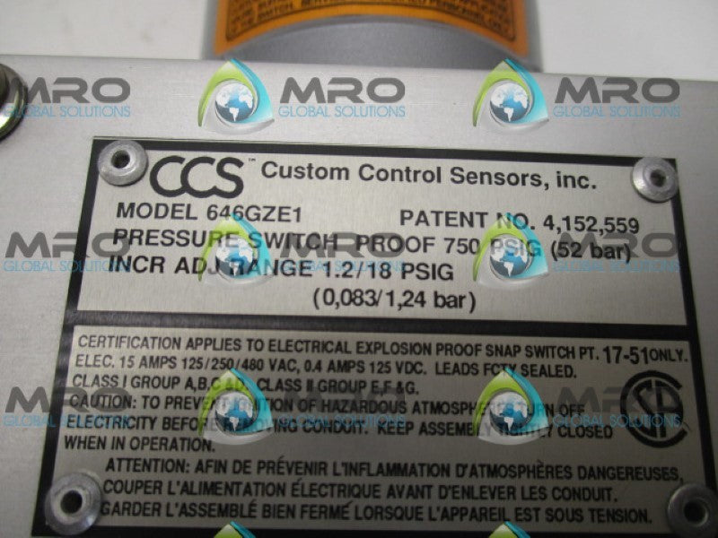 CUSTOM CONTROL SENSORS 646GZE1 PRESSURE SWITCH 750PSIG *NEW IN BOX*