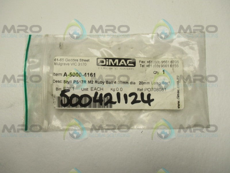 DIMAC A-5000-4161 RUBY BALL 4.00MM  * NEW IN FACTORY BAG *