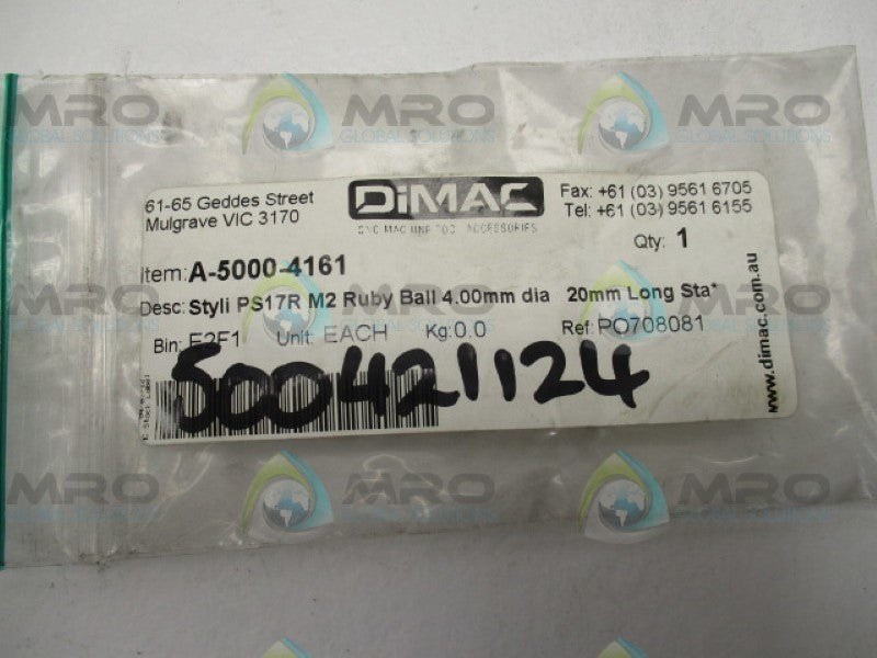DIMAC A-5000-4161 RUBY BALL 4.00MM  * NEW IN FACTORY BAG *