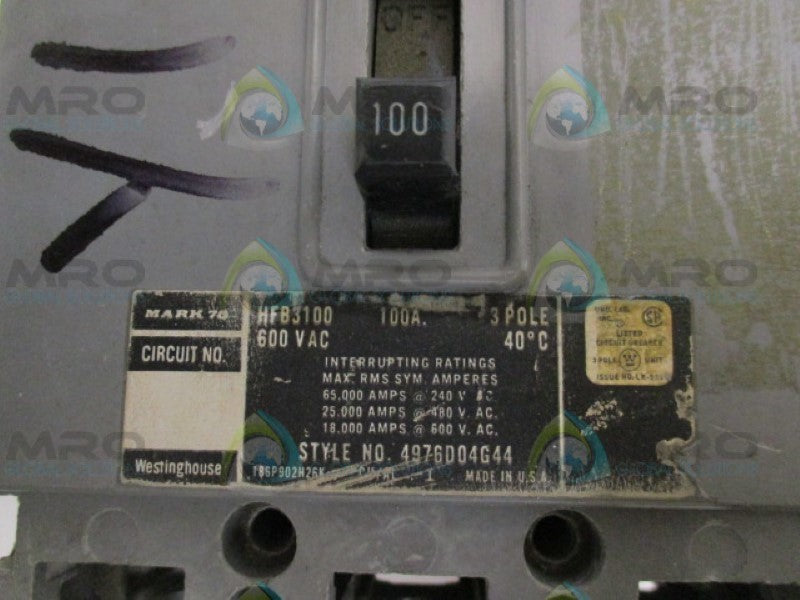 WESTINGHOUSE HFB3100 CIRCUIT BREAKER 100A *USED*