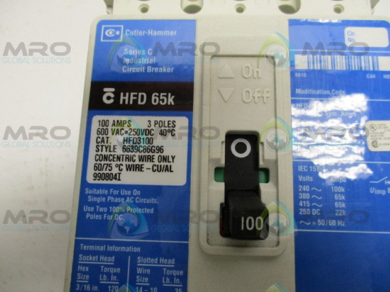 CUTLER HAMMER HFD3100 CIRCUIT BREAKER 100A BLUE FACE *NEW NO BOX* (RETAKE PICS.. WALL IS PEELING IN PIC)