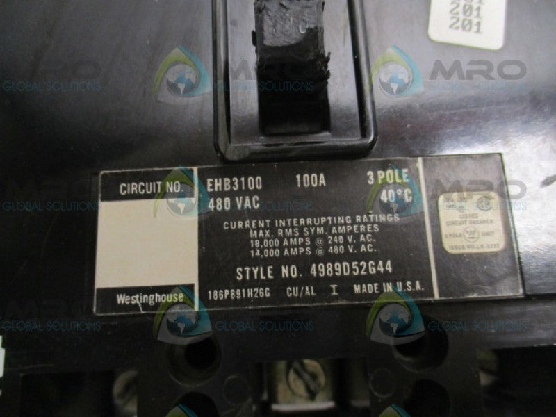 WESTINGHOUSE EHB3100 CIRCUIT BREAKER 100A 480VAC (AS PICTURED) UNMP