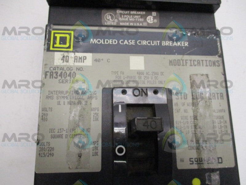 SQUARE D FA34040 CIRCUIT BREAKER 40A GREY FACE *USED*