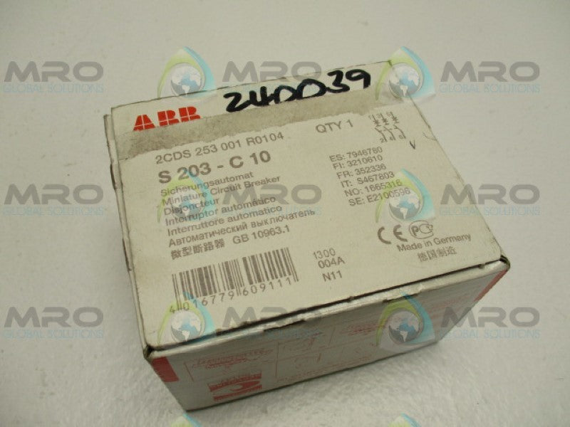 ABB S203-C10 2CDS253001R0104 CIRCUIT BREAKER 10A *FACTORY SEALED*