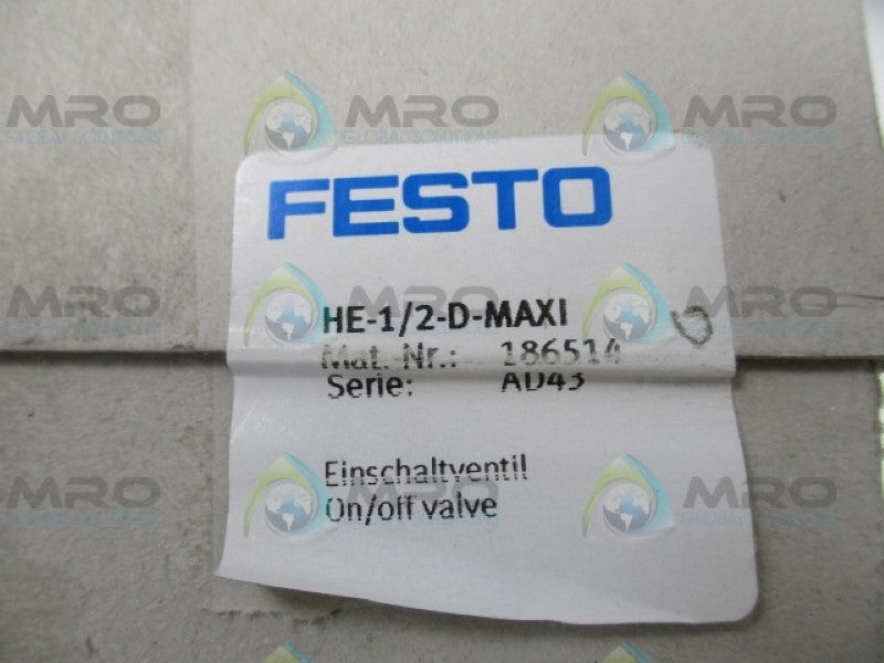 FESTO HE-1/2-D-MAXI 186514 ON OFF VALVE *NEW IN BOX*
