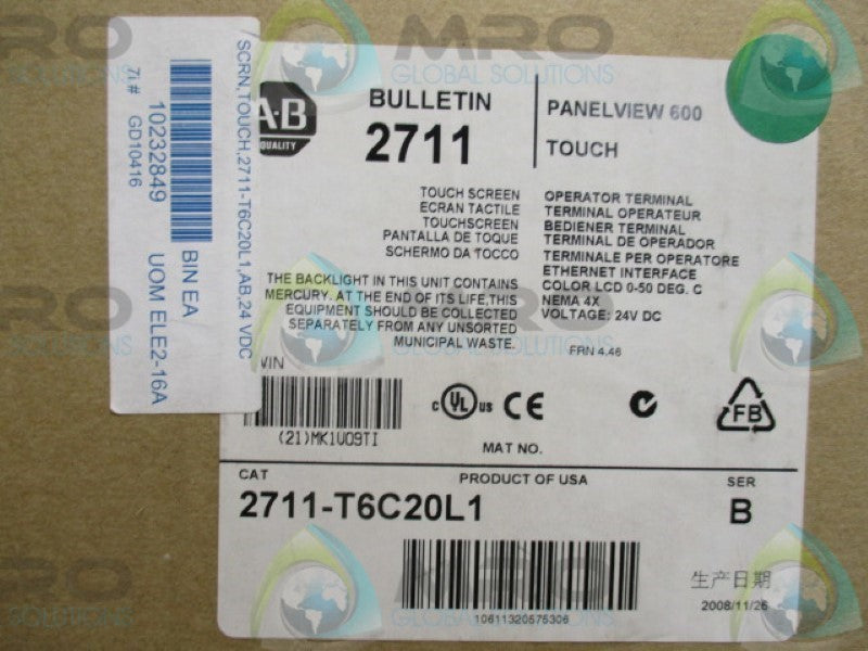 ALLEN BRADLEY PANELVIEW600 2711-T6C20L1 SER. B F/W 4.46 TOUCH SCREEN*NEW IN BOX*