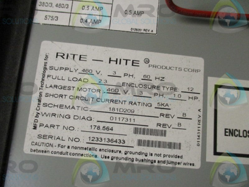 RITE-HITE LVLR (2PB-HICAP) 460/3 178.564 HYDRAULIC DOC COVER *NEW IN BOX*