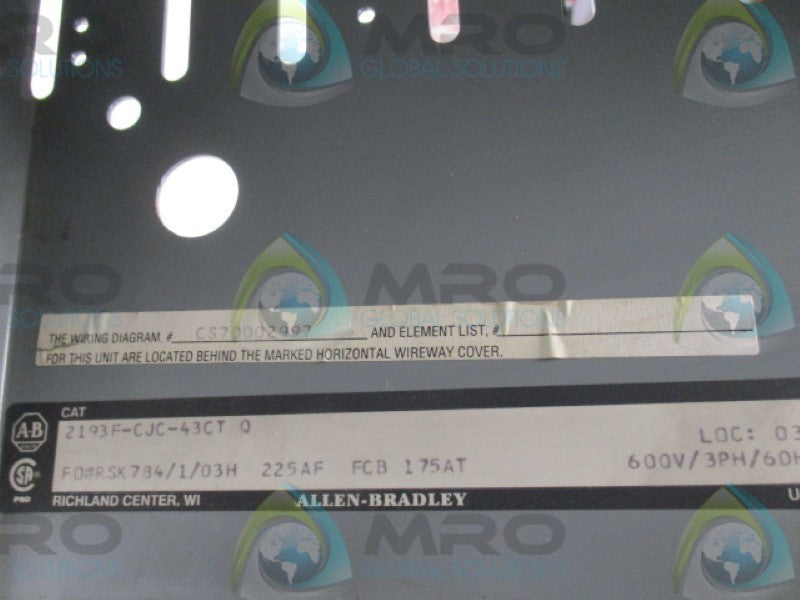 ALLEN BRADLEY 2193F-CJC-43CTQ BRANCH FEEDER (AS PICTURED) *USED*