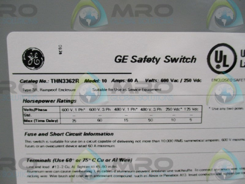 GENERAL ELECTRIC THN3362R SAFETY SWITCH 60A *NEW IN BOX*