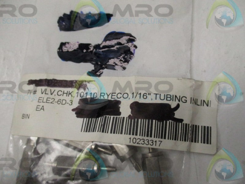 RYECO 10110 ELE2-6D-3 CHECK VALVE TUBING INLINE 1/16" NSNP