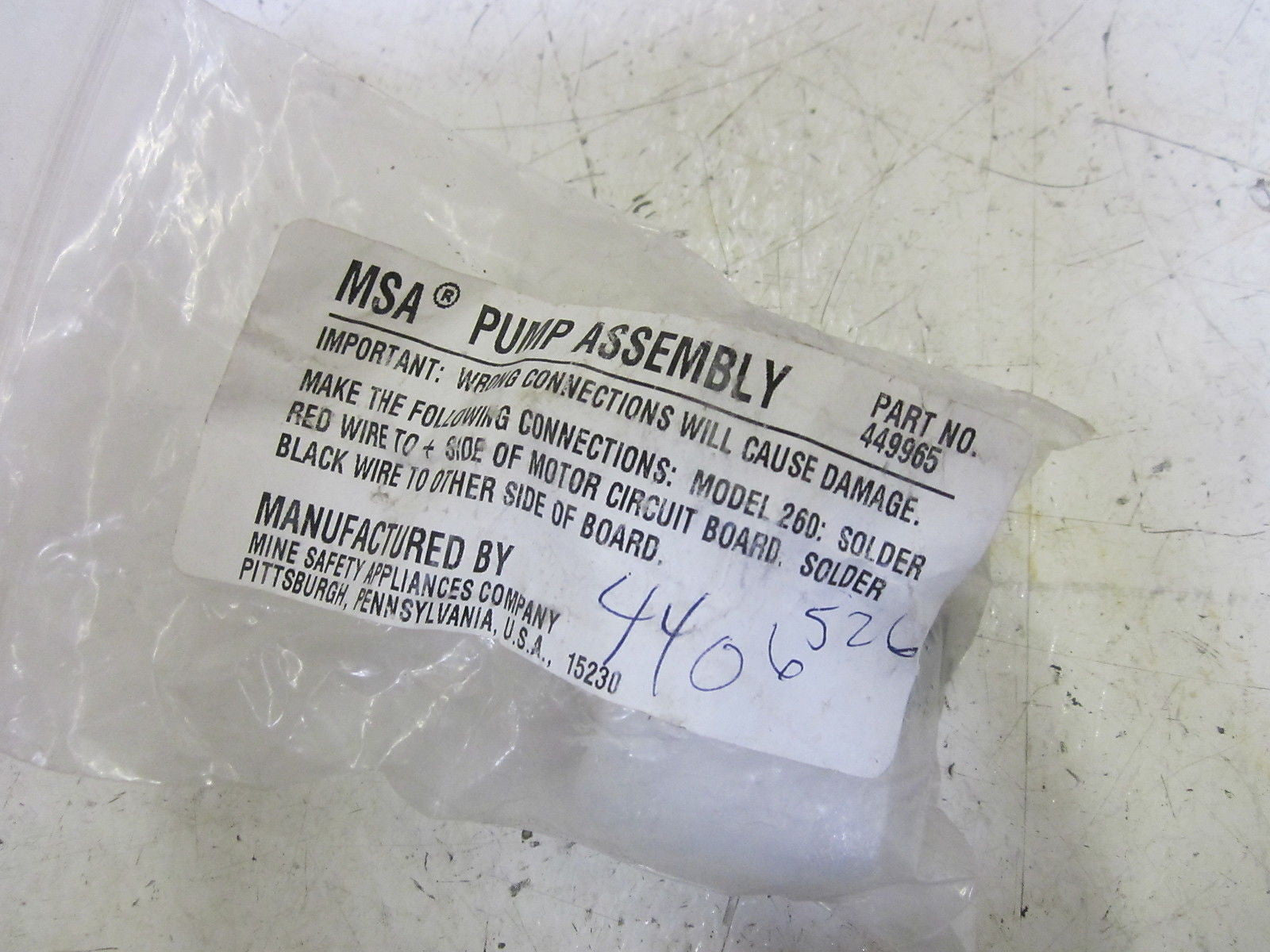 MSA 449965 PUMP ASSEMBLY *NEW IN A FACTORY BAG*