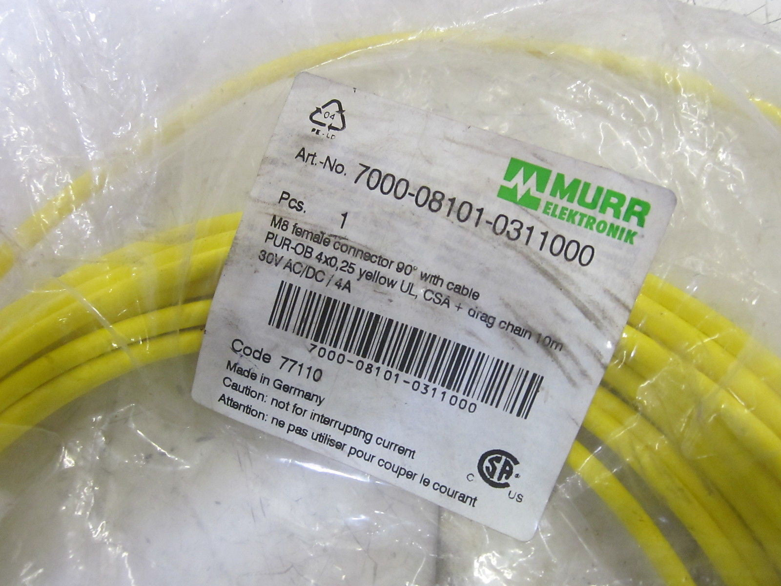 MURR ELEKTRONIK 7000-08101-0311000 M8 FEMALE CONN. CABLE *NEW IN A FACTORY BAG*