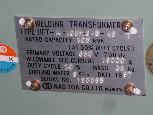 NAS TOA WELDING TRANSFORMER HFT-A-105M-6.5-48-T *NEW*
