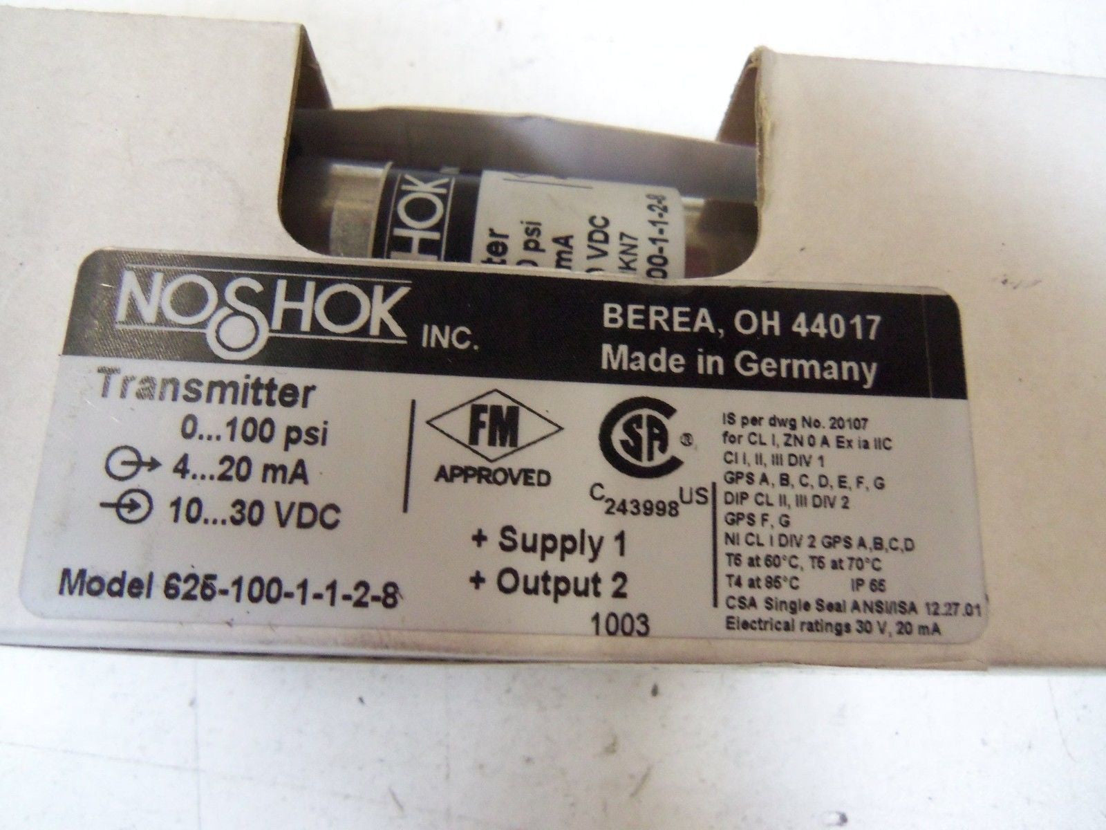 NOSHOCK TRANSMITTER 625-100-1-1-28 *NEW IN BOX*